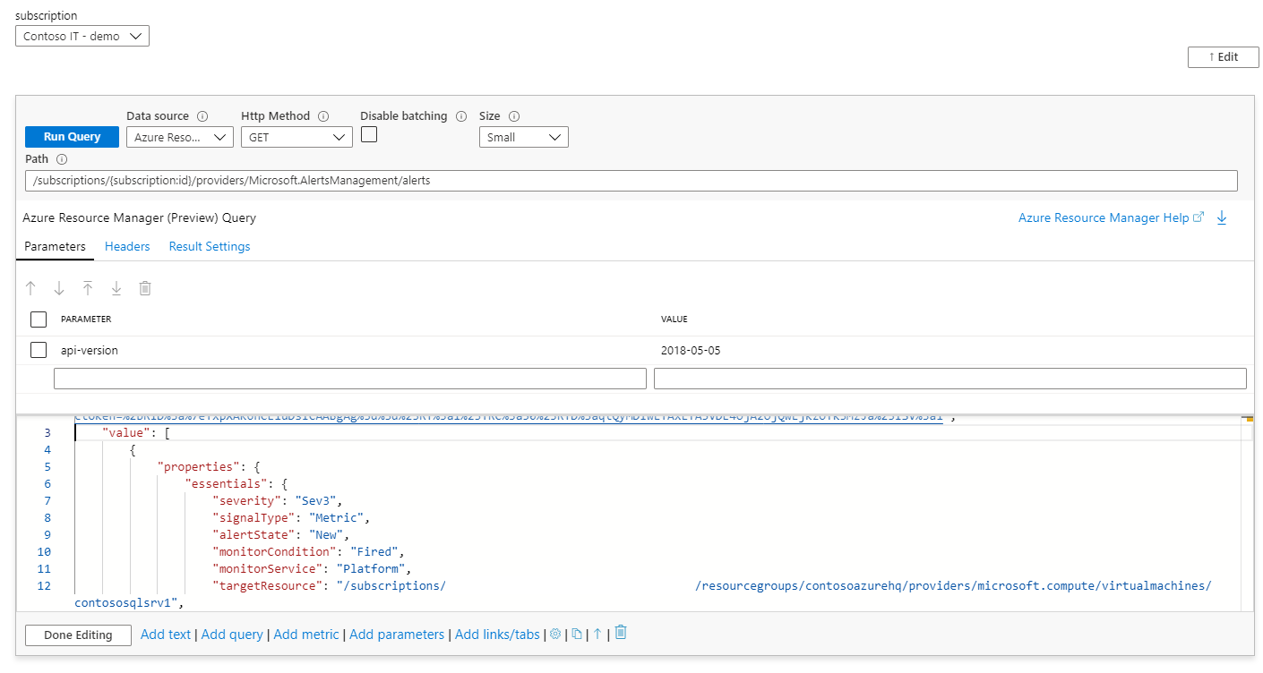 Image showing an alert data JSON response using ARM Provider