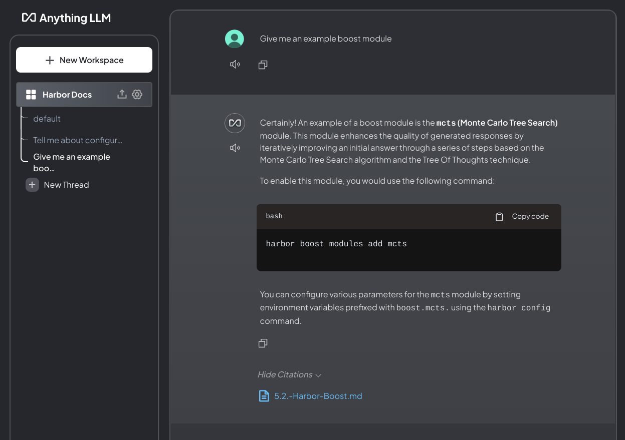 Example screenshot of anythingllm workspace showing a sample boost module