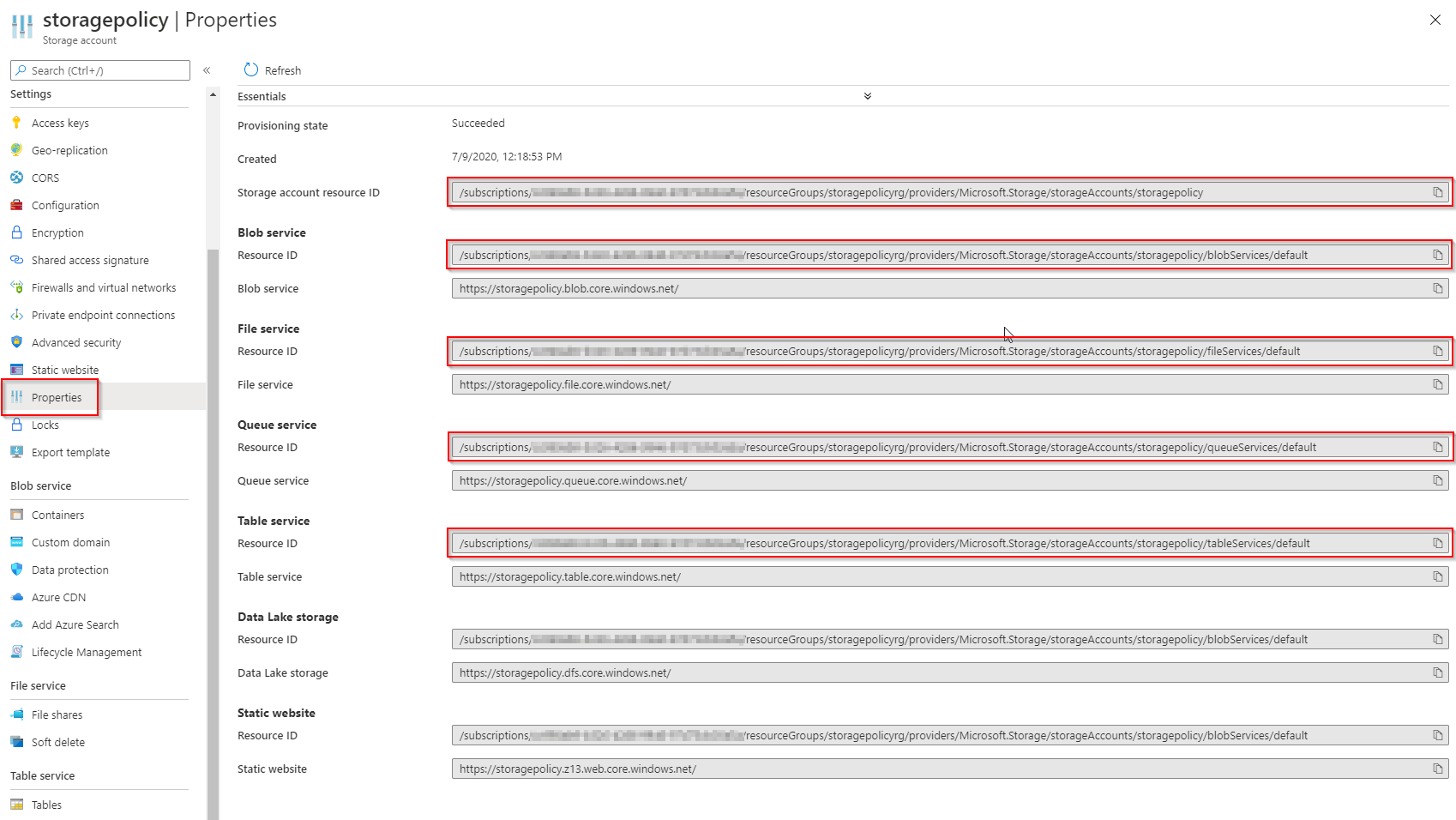 Properties blade in the Azure portal