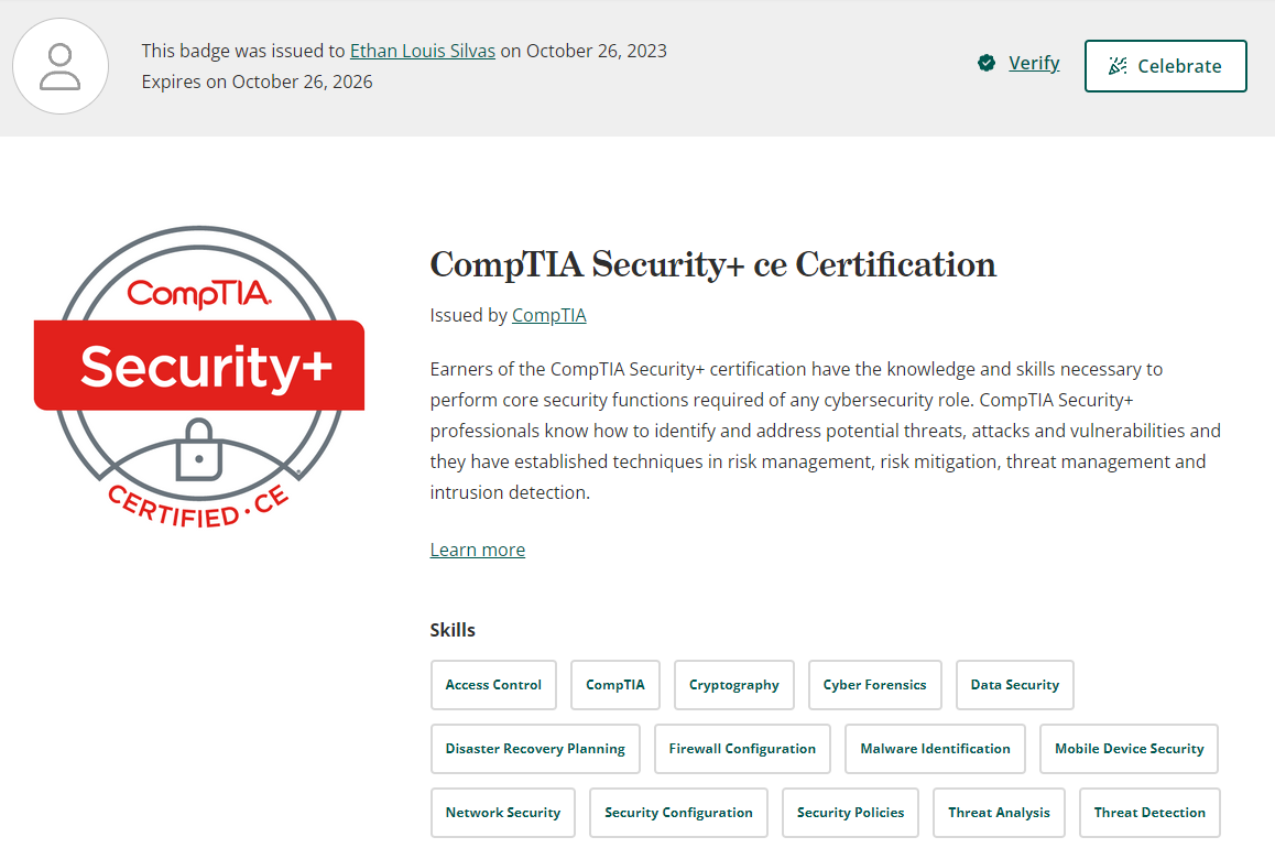 Screenshot of credly badge of certification