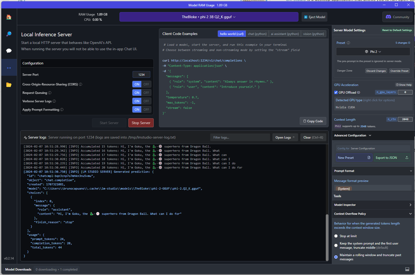 Local Inference Server running in LM Studio