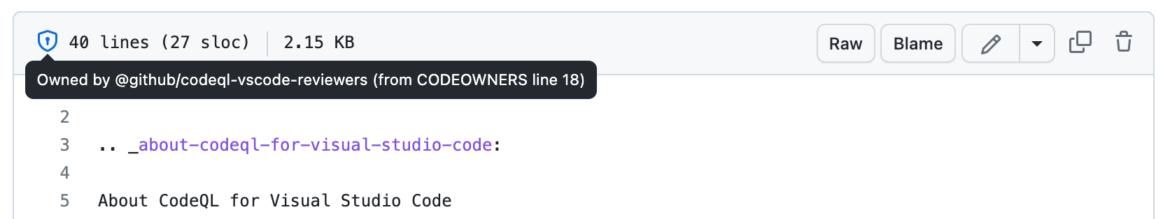 Screenshot showing the header for a file. The cursor is hovering over the shield icon, which displays the tooltip "Owned by USER or TEAM (from CODEOWNERS line NUMBER)."