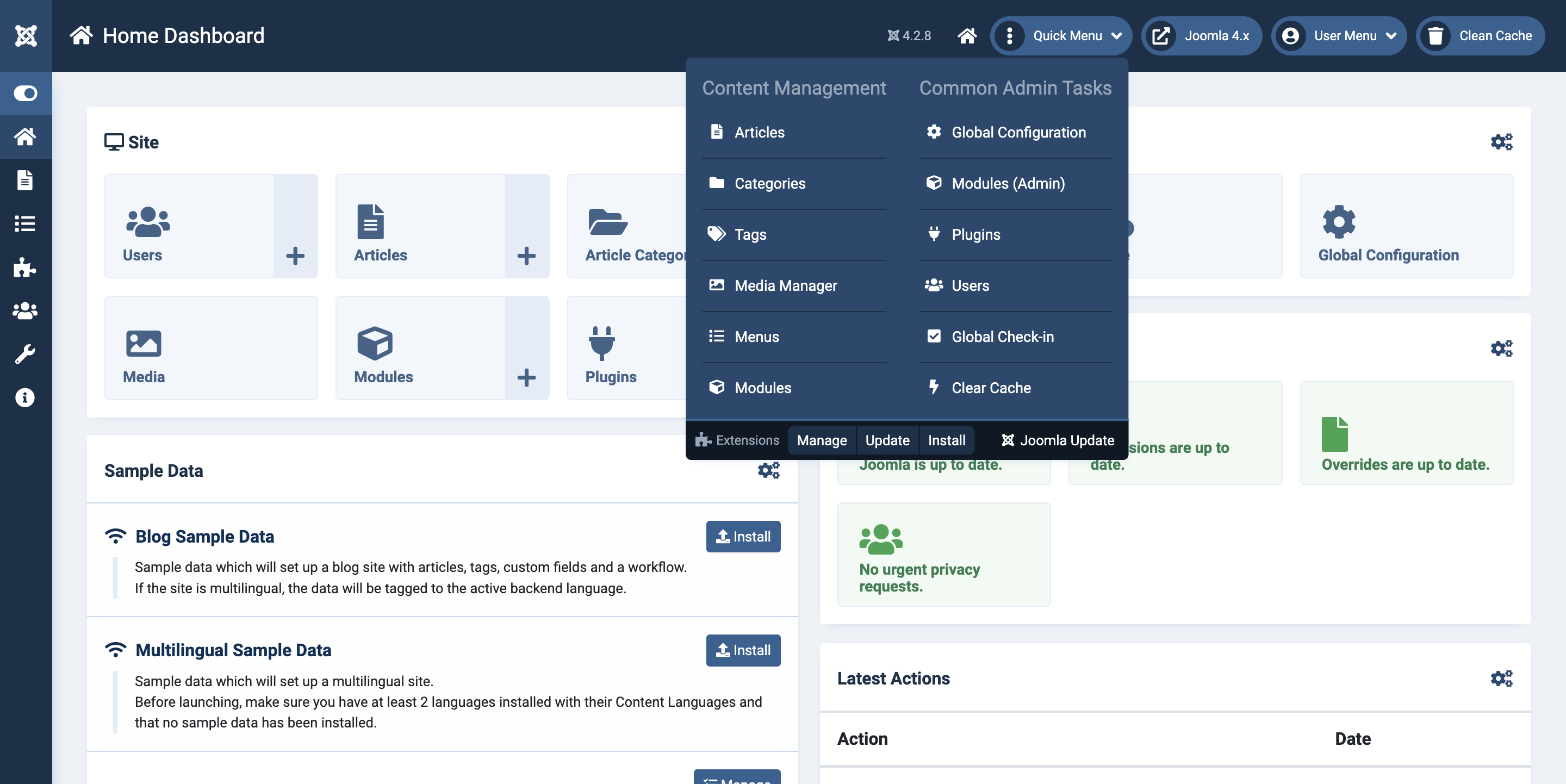 Quick Menu on Joomla 4 desktop