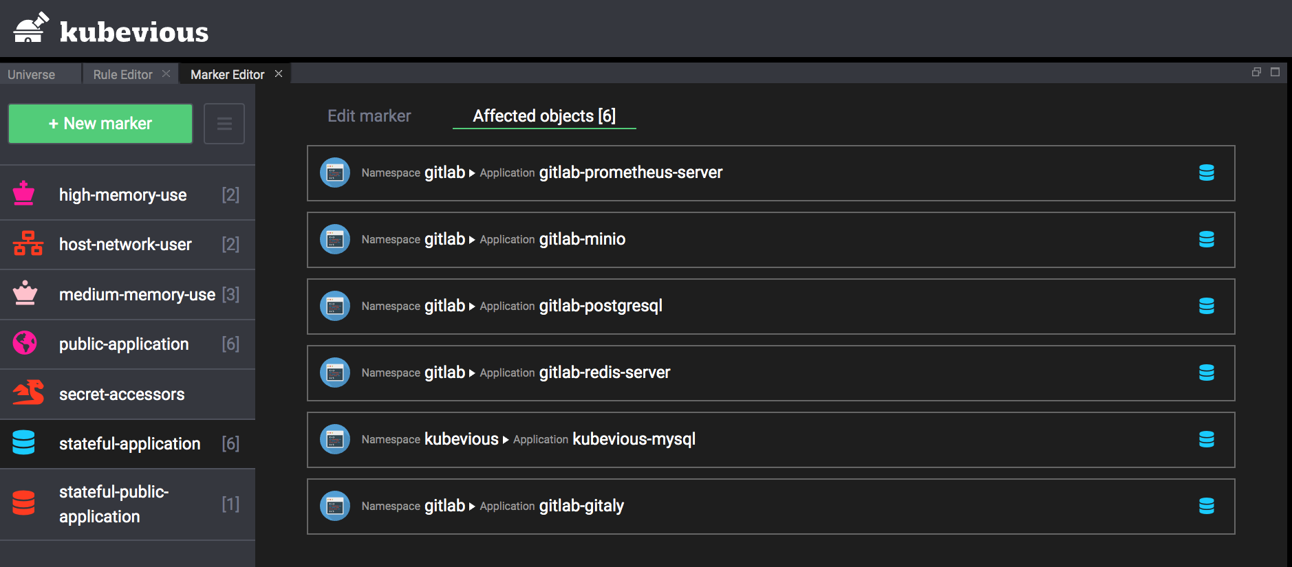 Kubevious Marker Editor Affected Objects