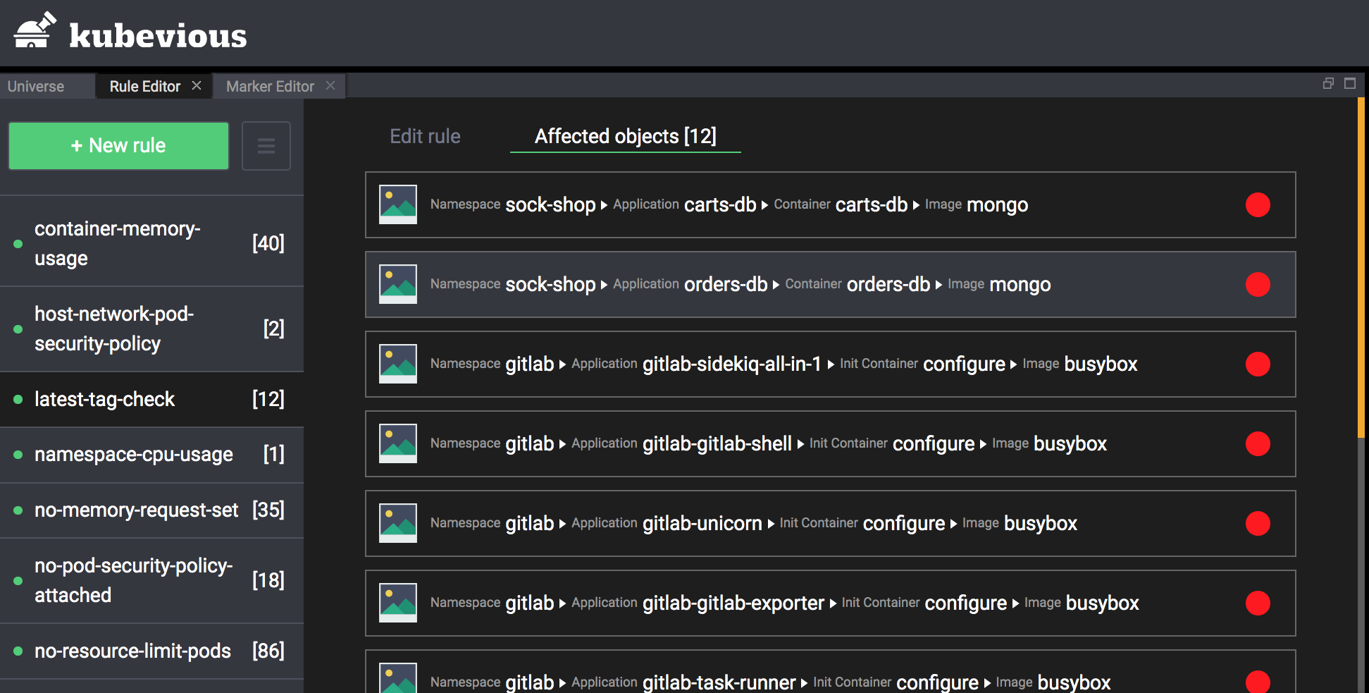 Kubevious Rule Editor Affected Objects