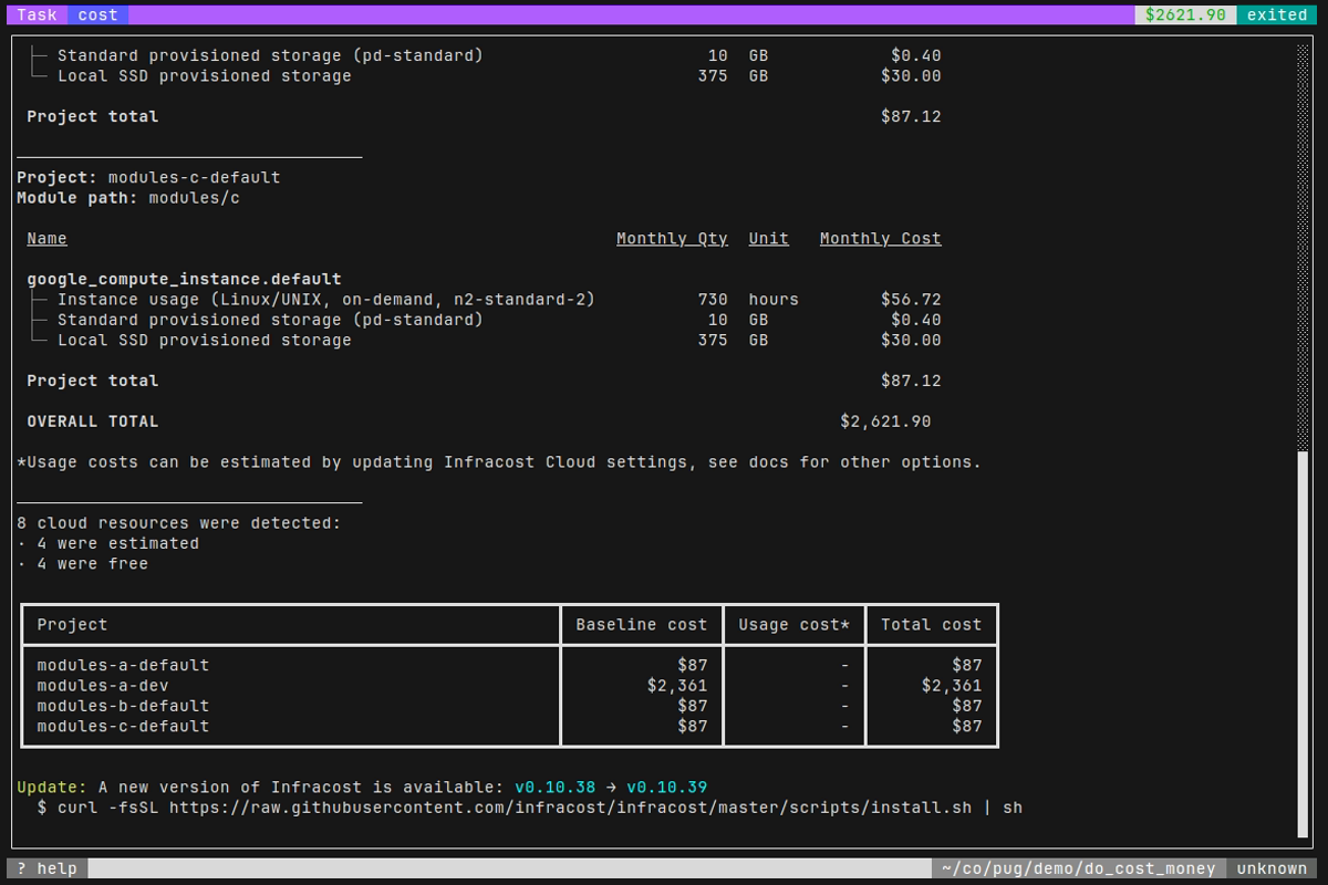 Infracost output screenshot