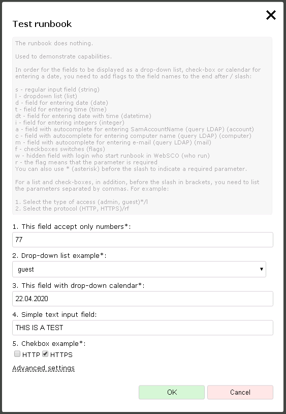 Runbook input form example