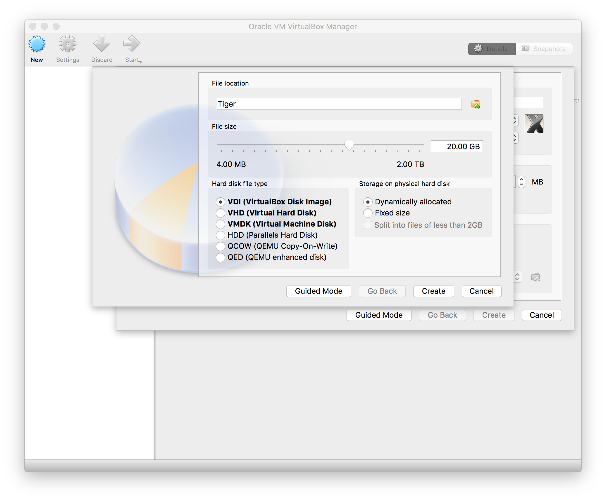 Settings for the creation of the virtual hard disk