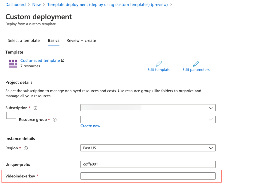 custom deployment screen in Azure Portal