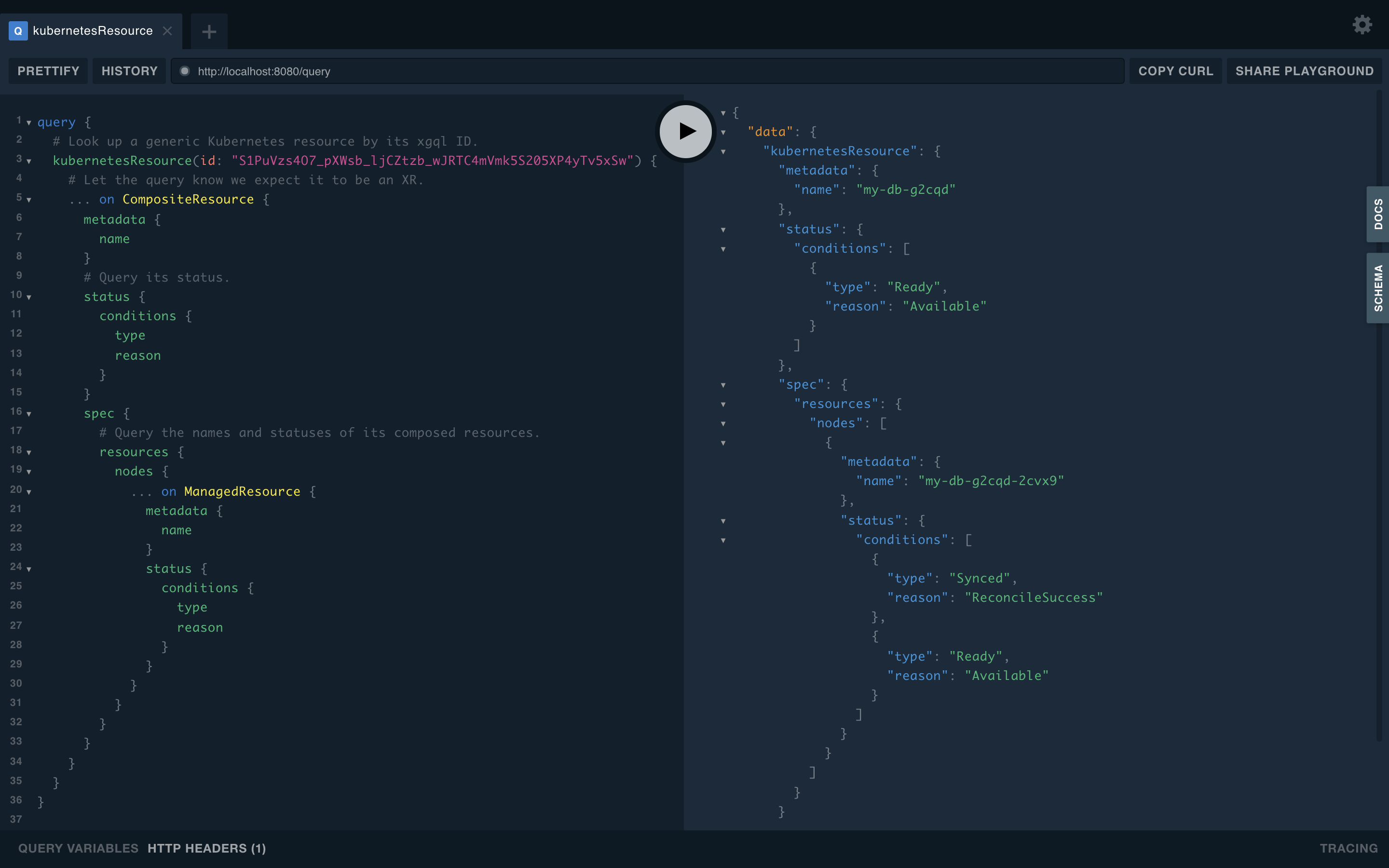 A screenshot of an xgql query in the GraphQL Playground