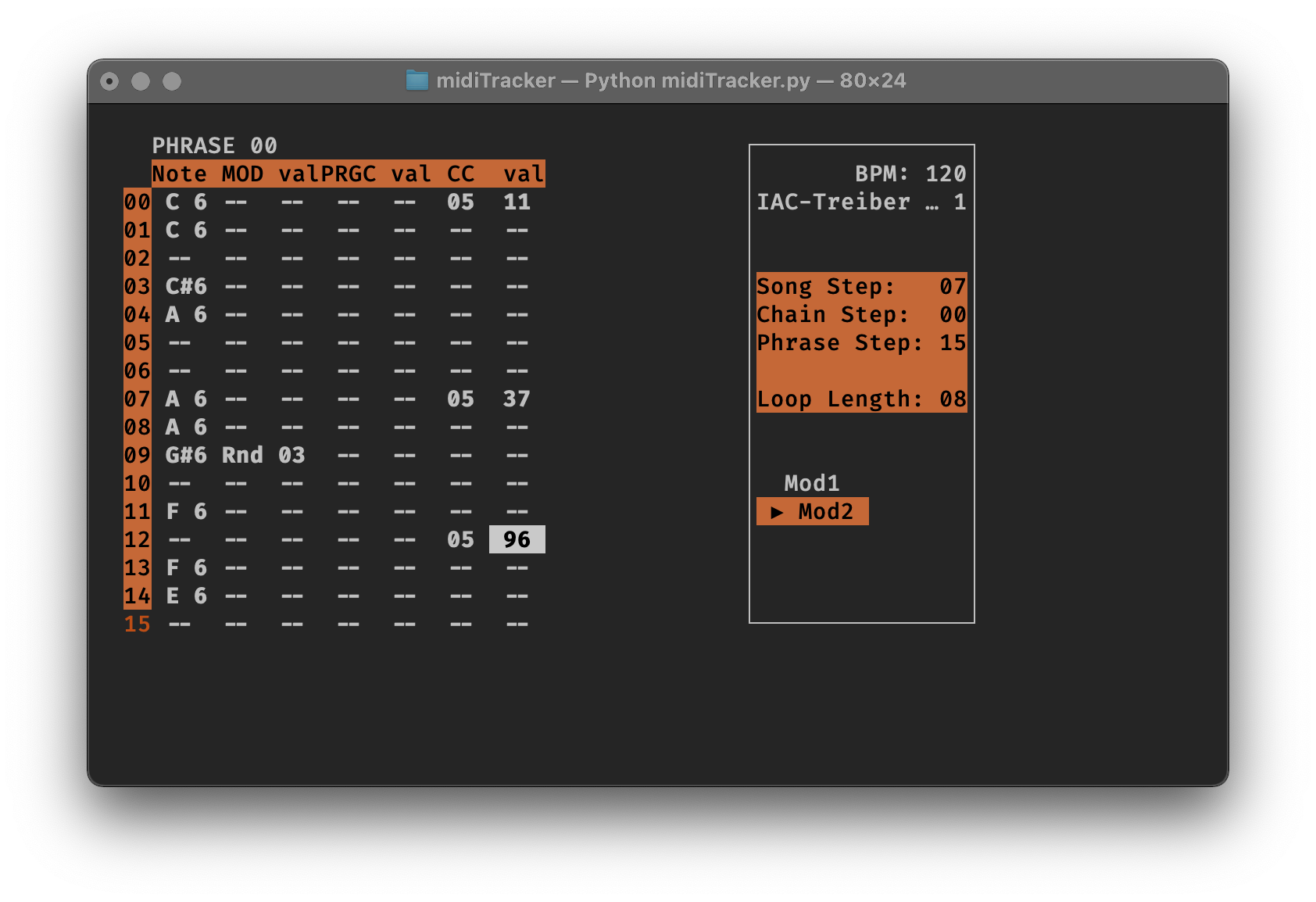 A screenshot of miditracker in action, showing the phrase editor