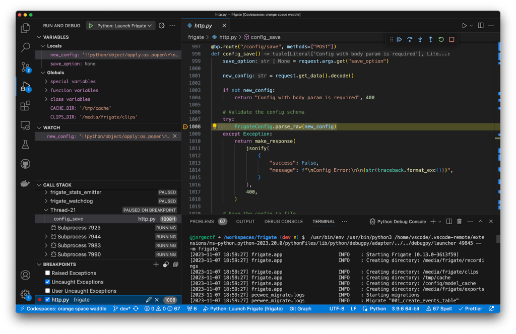 analyze how `new_config` flows to `yaml.load` and creates the `/tmp/pwned` file.