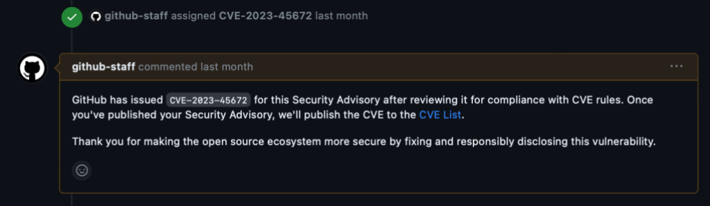 Screenshot of a comment on a GitHub Issue stating that a CVE has been issued for the reported vulnerability. The comment includes the CVE's number a link to the CVE list.