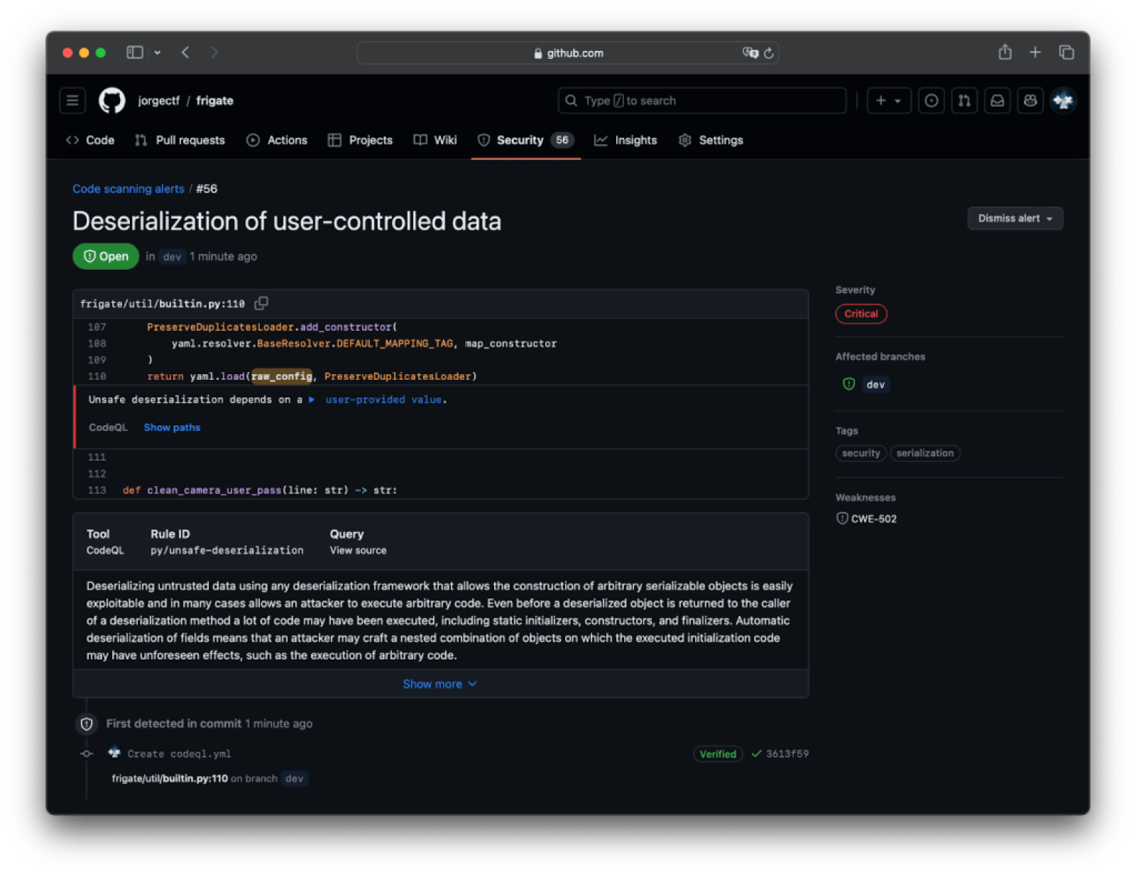 Code scanning alert for deserialization of user-controlled data found by CodeQL