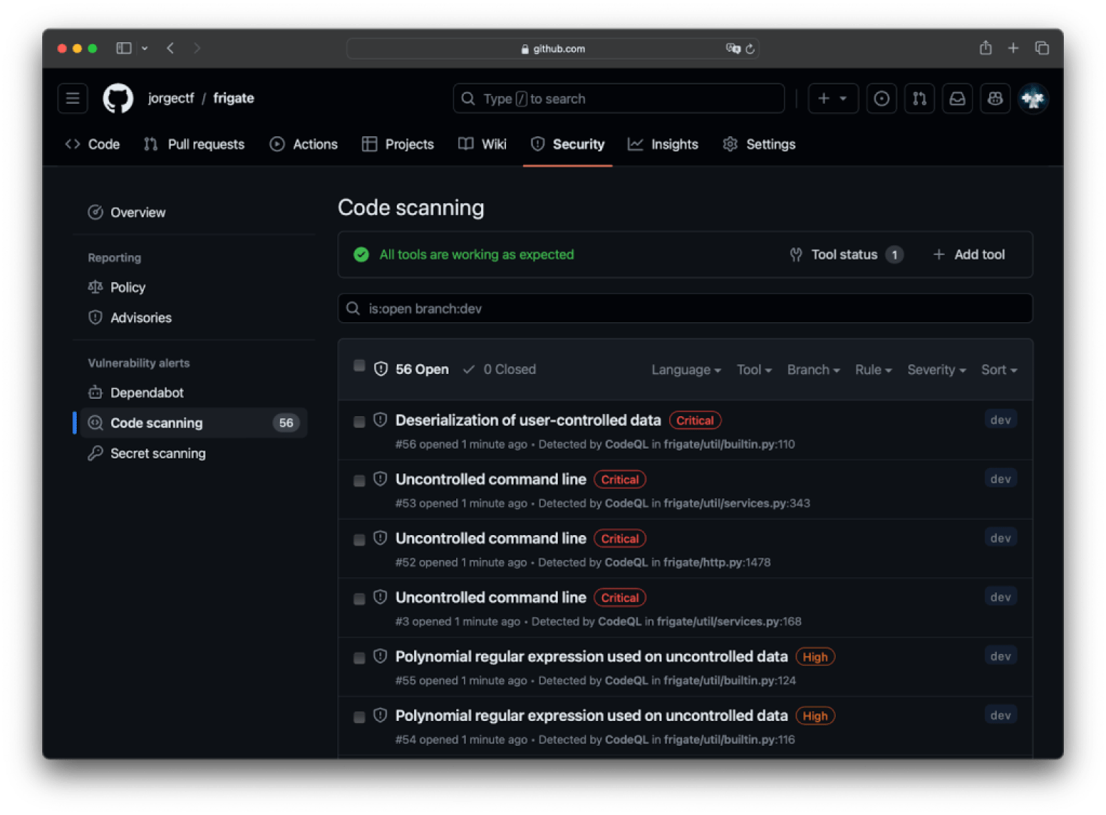 Code scanning alerts in the Security tab, provided by CodeQL