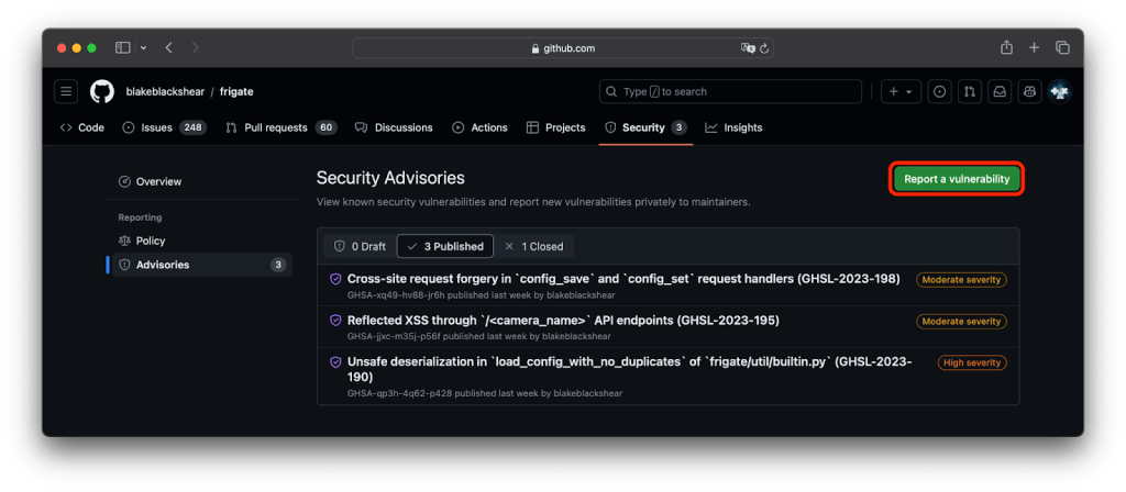 Screenshot of the security advisories page in the frigate repository with the 