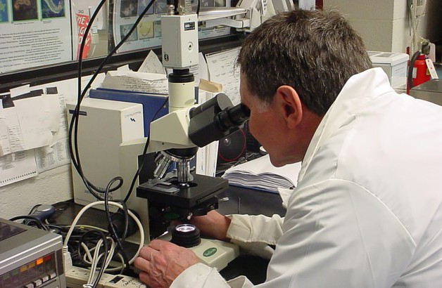 Man looking into microscope