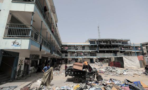 An UNRWA school in Khan Younis, which served as a shelter when the conflict started, lies in ruins.