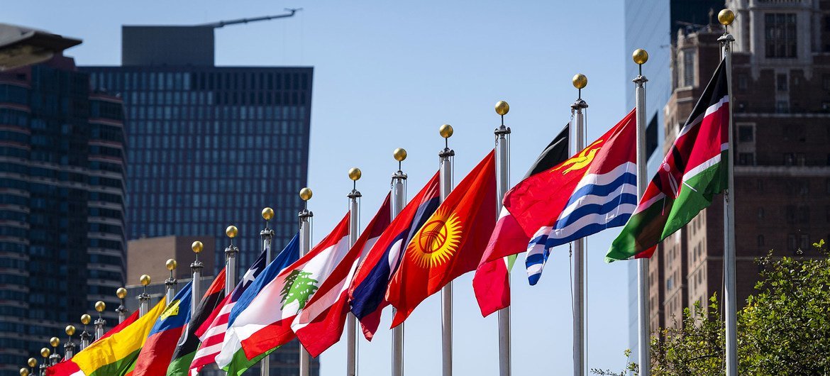 The flags of UN Member States fly outside UN Headquarters in New York.