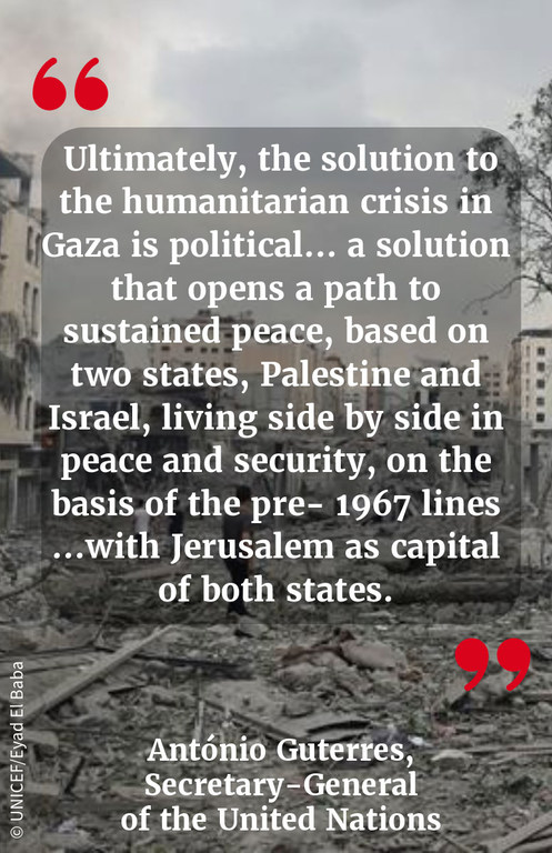 "Ultimately, the solution to the humanitarian crisis in Gaza is political... a solution that opens a path to sustained peace, based on two states, Palestine and Israel, living side by side in peace and security, on the basis of the pre- 1967 lines …with …