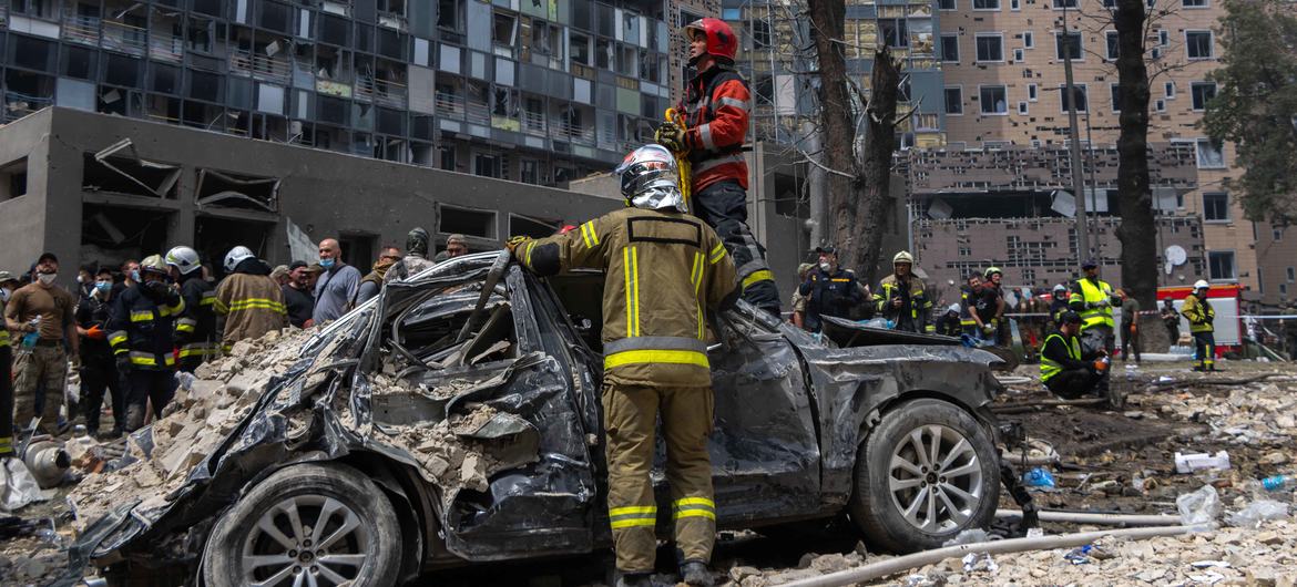 The aftermath of a missile strike on the center of Kyiv. 