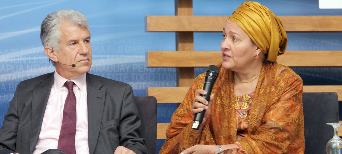 The UN Deputy Secretary-General Amina Mohammed (right) addresses an event at the Spring Meetings of the World Bank Group and International Monetary Fund.