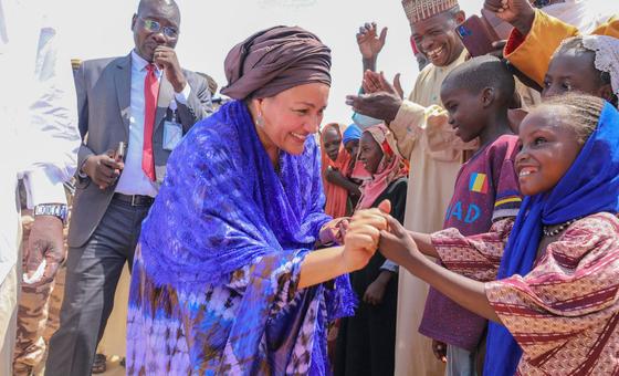 United Nations Deputy Secretary-General Amina Mohammed meets young children at a refugee camp in Chad.