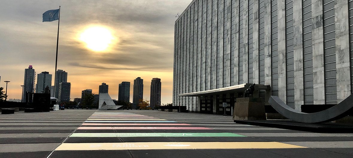 The sun rises over the SDGs Path at the entrance to the UN General Assembly building in New York