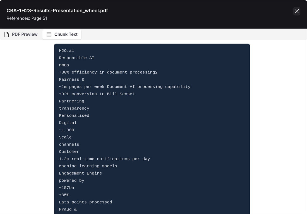 An image of enterprise h2oGPTe showing it toggle between PDF preview and chunk text view