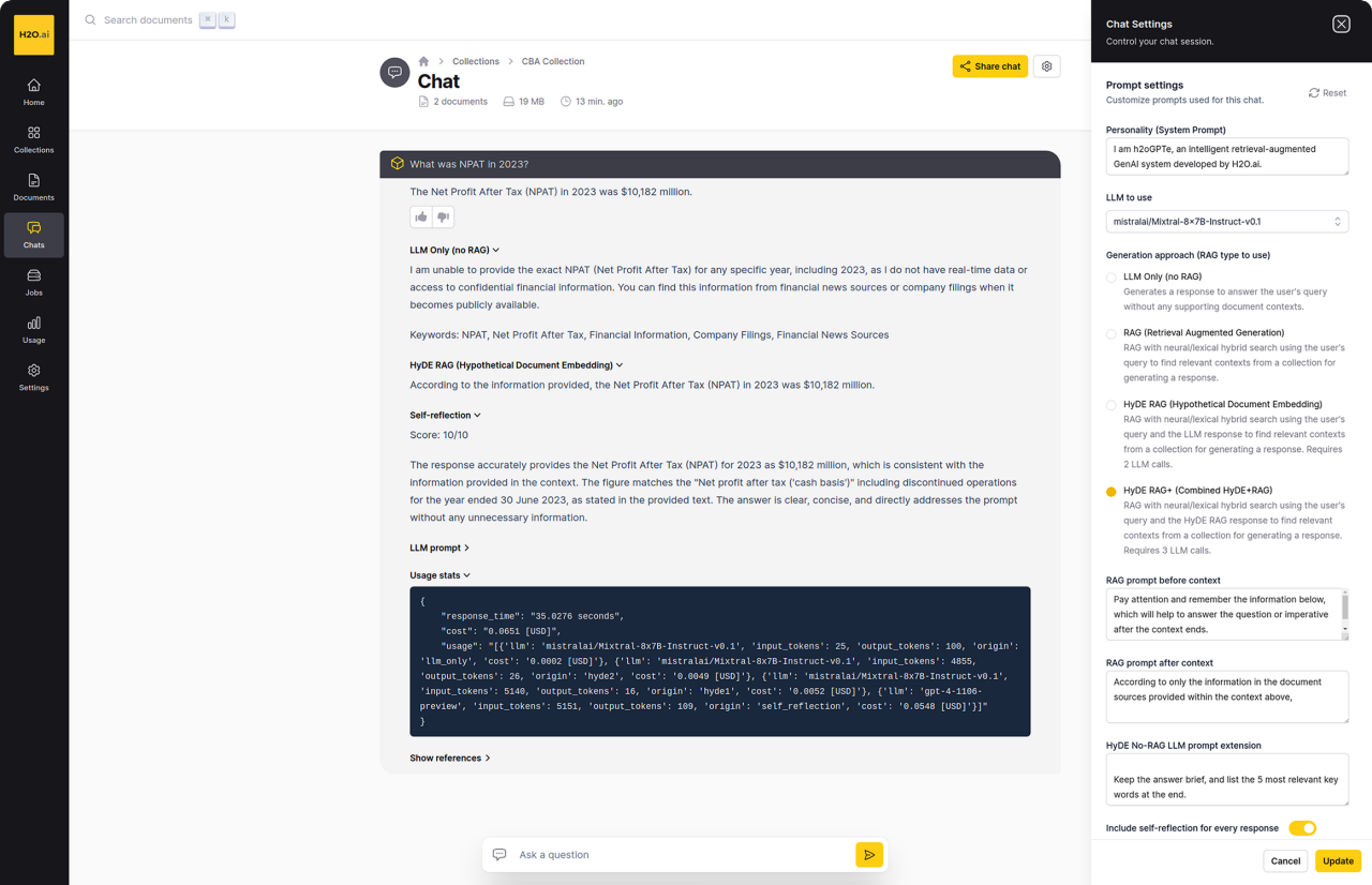 An image of enterprise h2oGPTe showing it get detailed information about usage and cost for each query