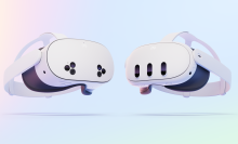 Two Meta Quest 3S VR headsets on a pastel background.