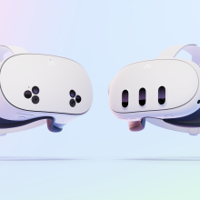 Two Meta Quest 3S VR headsets on a pastel background.