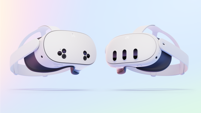 Two Meta Quest 3S VR headsets on a pastel background.