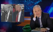 A man in a suit sits behind a talk show desk. Two side-by-side images of Donald Trump are visible in the top left.