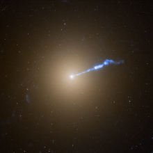 A 3,000-light-year-long jet of plasma shooting out from galaxy M87's supermassive black hole.