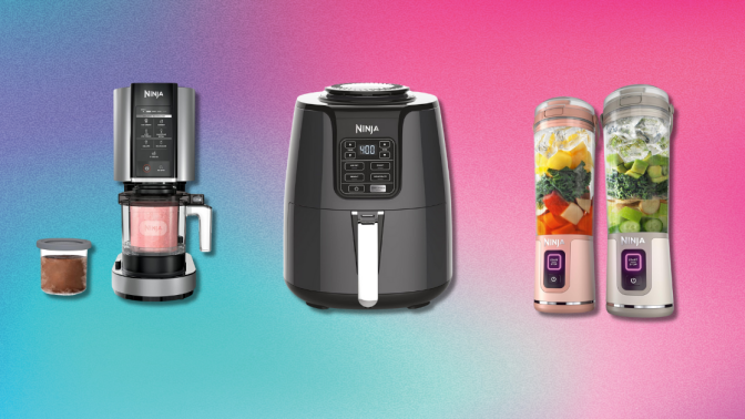 Ninja creami, ninja air fryer, and ninja blast against a colorful background 