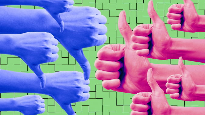 Woman's hand showing 5 red thumbs up and 5 blue thumbs down on illustrated green background