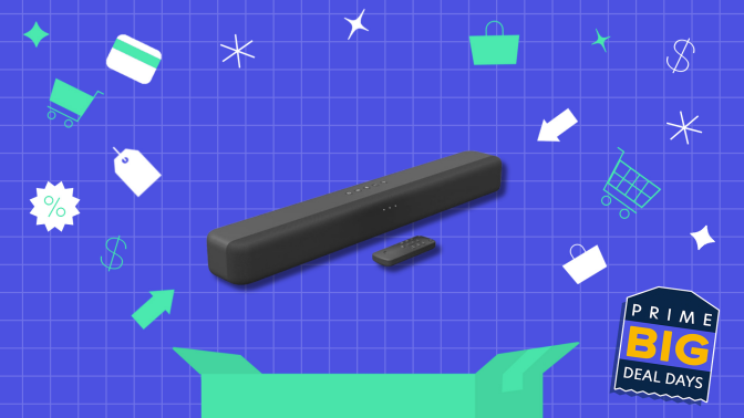 An illustrated background with an Amazon soundbar.