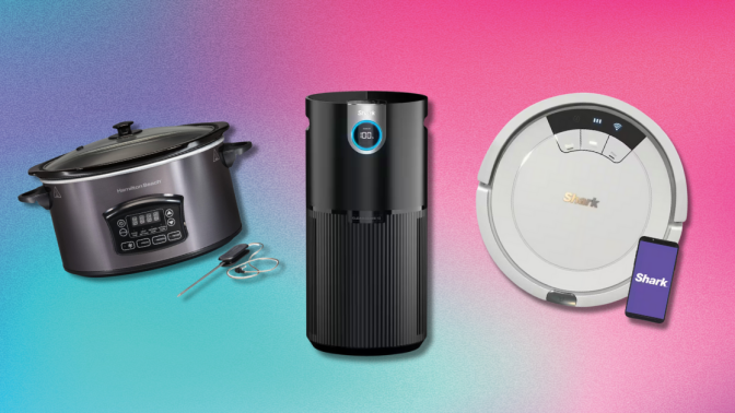 slow cooker, air purifier, and robot vacuum against a colorful background 