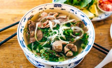 Vietnamese pho soup with beef, close-up