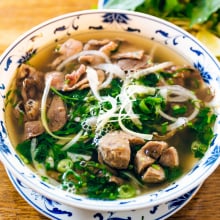 Vietnamese pho soup with beef, close-up