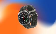 Samsung Galaxy smartwatch on blue and orange background