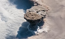 The view from the International Space Station as the Raikoke volcano erupts in 2019. (Not a super-eruption; such an event hasn't happened in modern history.)