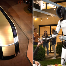 Two images side by side. On the left is a screenshot of the Robovan. On the right is a Tesla promotional image of an Optimus robot serving someone a drink.