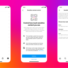 Image of three screenshots detailing how to access Instagram's sensitive content controls