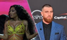 Split image of Megan Thee Stallion and Travis Kelce