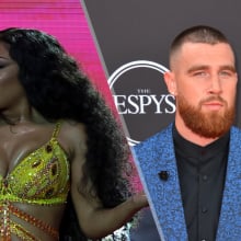 Split image of Megan Thee Stallion and Travis Kelce