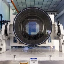 A view of the LSST camera in its cleanroom at the SLAC National Accelerator Laboratory.