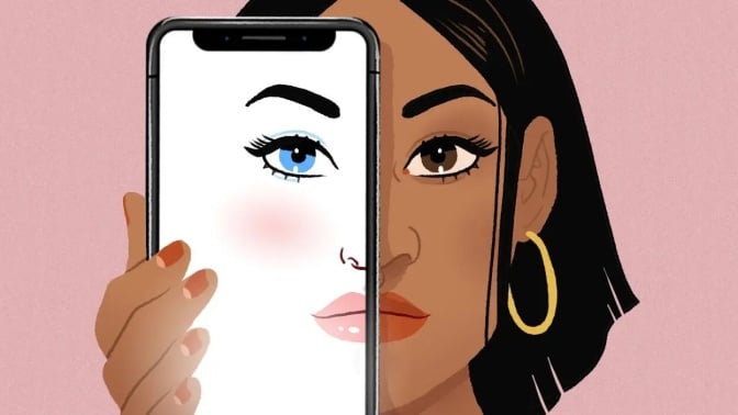 An illustration of a woman holding a phone up to her face. 