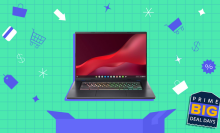 an acer chromebook 516 ge above a blue box against a green grid background surrounded by shopping icons